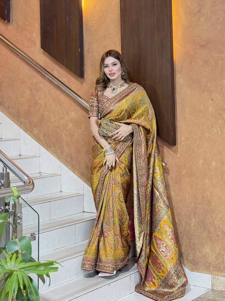 Fancy Kanni silk embroidery saree with paisley prints and zardosi blouse – Arhas Couture