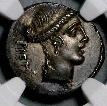 48 BC NGC AU Albinus Bruti Brutus Roman Imperatorial Republic AR Denarius Pietas Julius Caesar Assassin Silver Coin (26071303C)