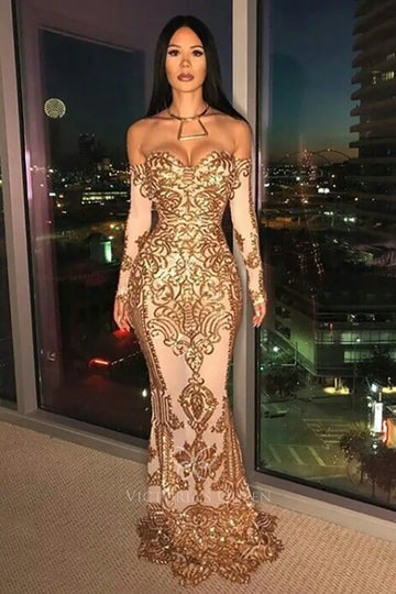 Rose Gold Sequin Mermaid Sheer African American Prom Dress