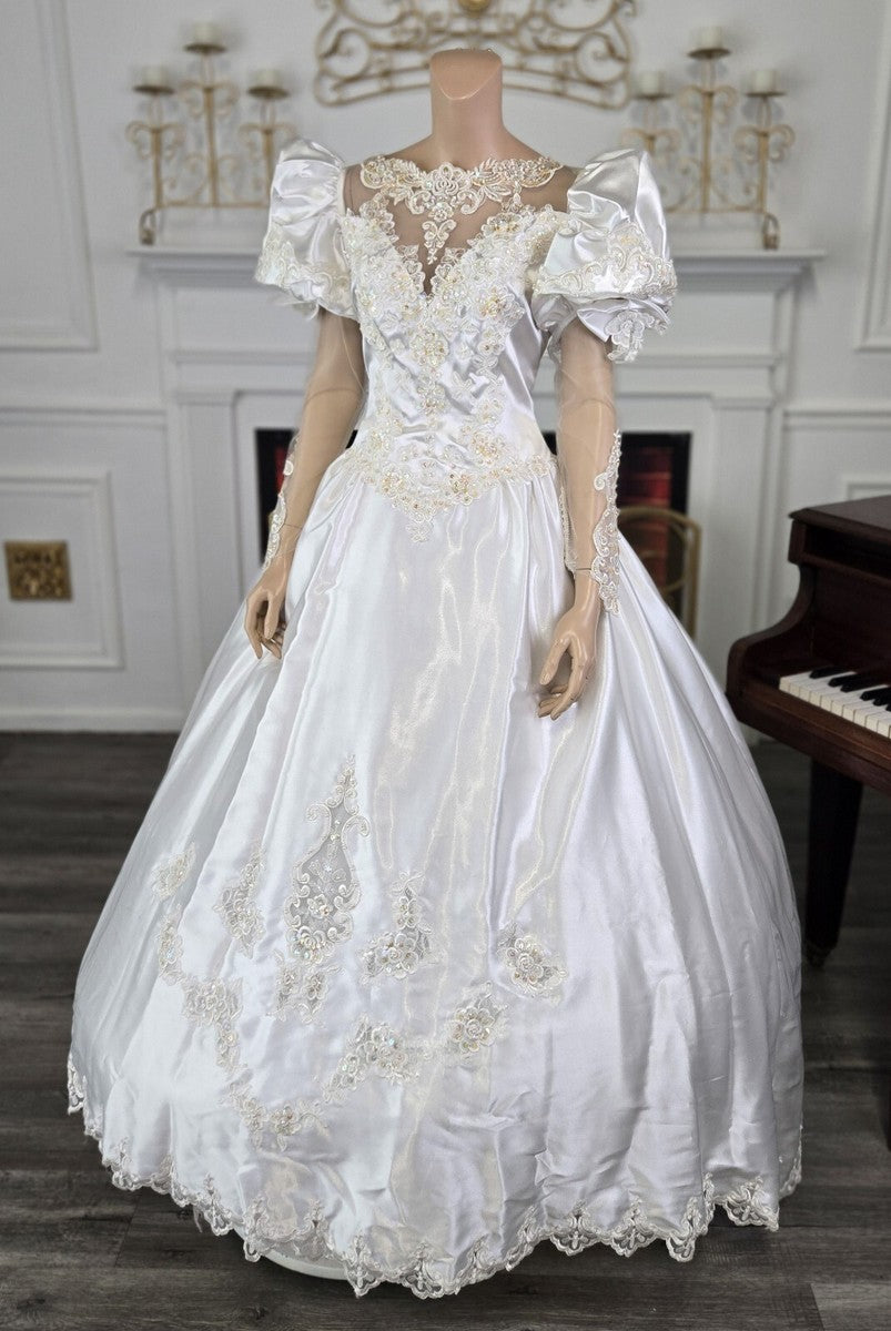 Alfred Angelo Vintage 80s 90s White Satin Long Sleeve Wedding Dress sz 12