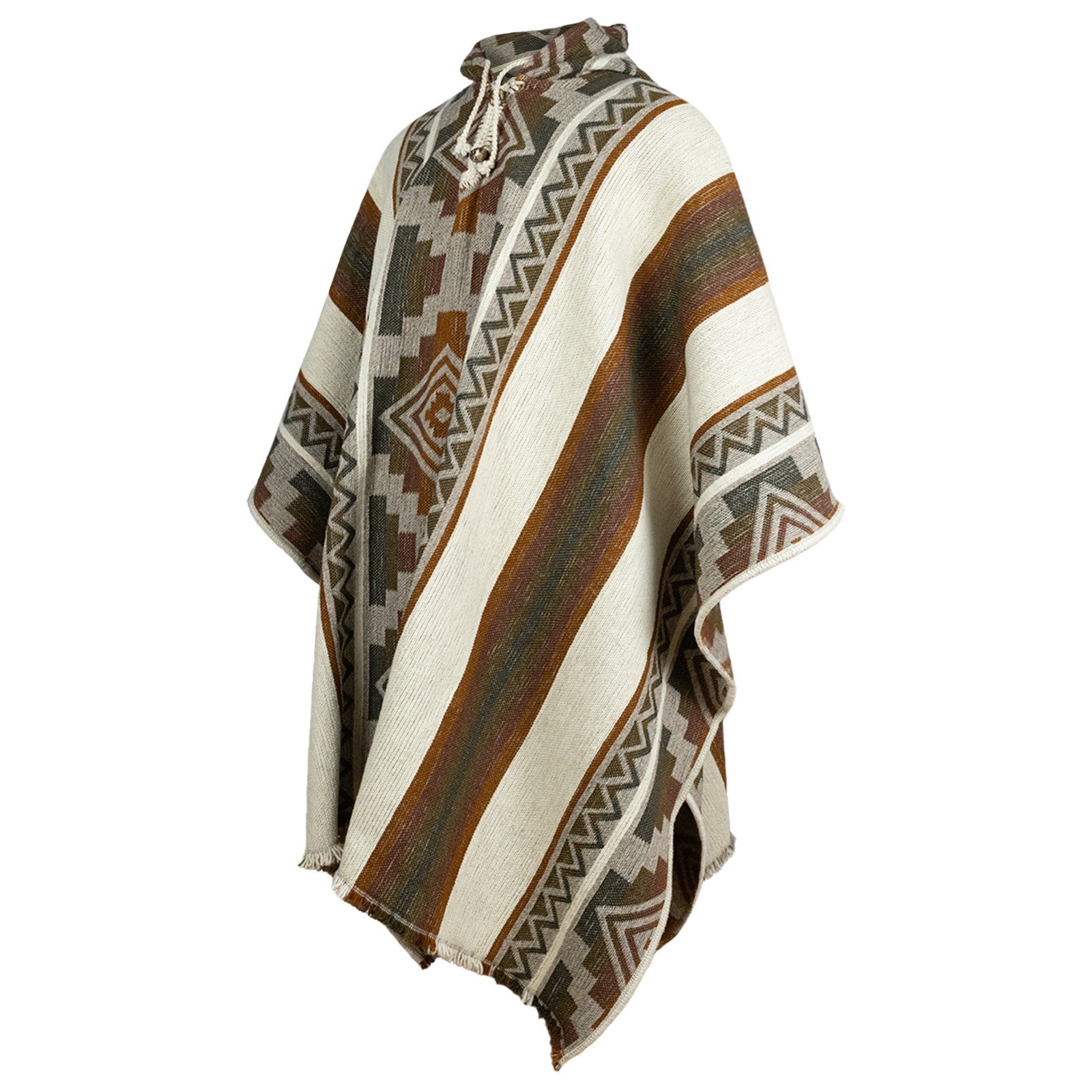 Nunka - Llama Wool Unisex South American Handwoven Thick Hooded Poncho - Andean pattern - natural colours