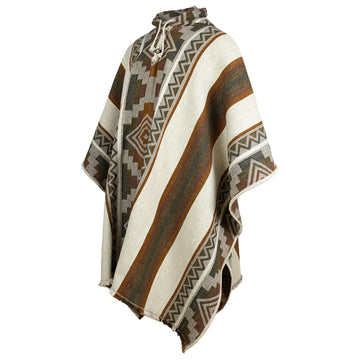 Nunka - Llama Wool Unisex South American Handwoven Thick Hooded Poncho - Andean pattern - natural colours