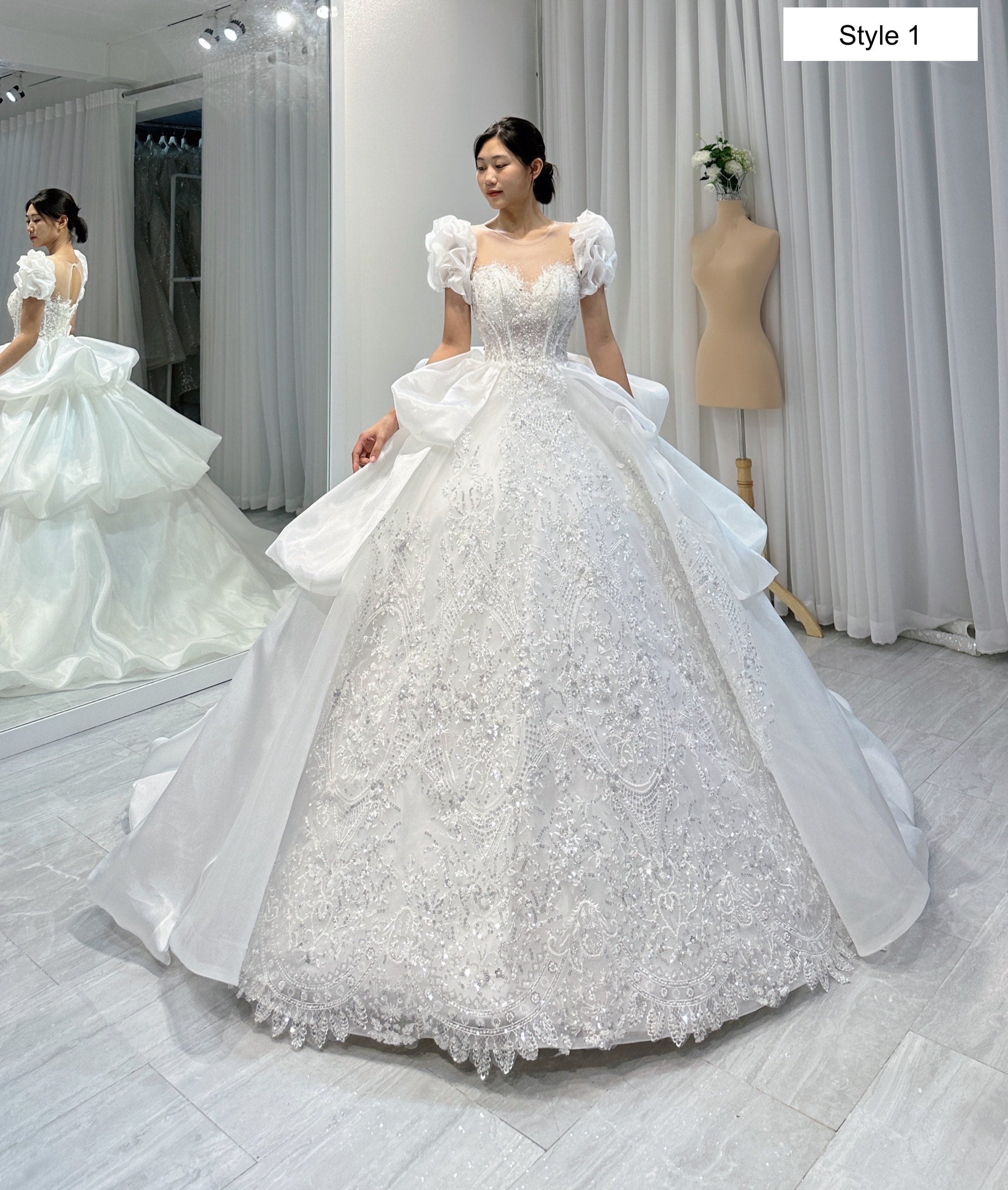 Gorgeous short sleeves illusion sweetheart white sparkle lace ball gown wedding dress