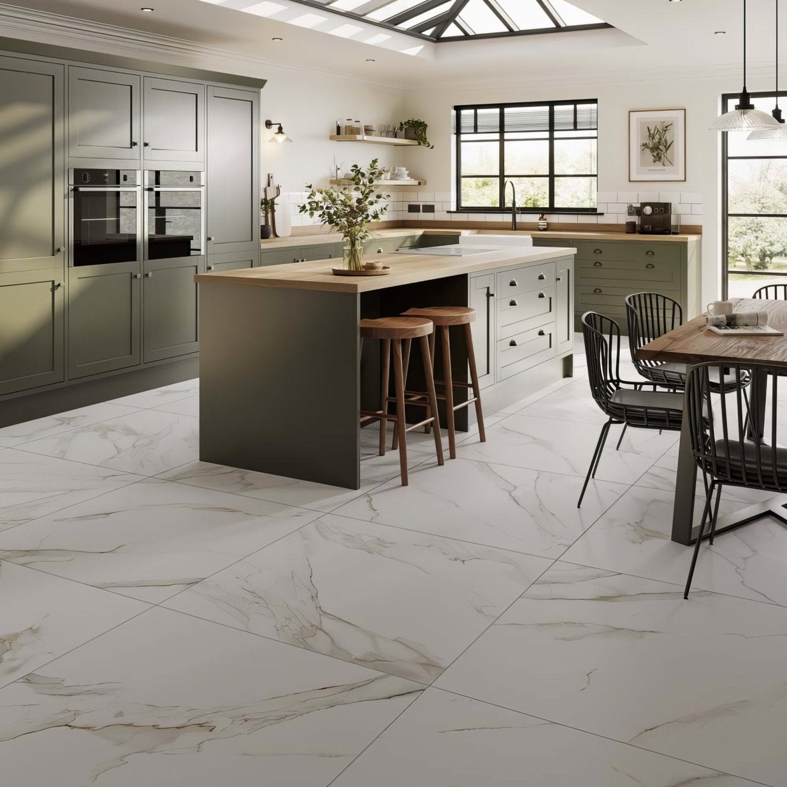Sanford natural matt porcelain floor tiles with white marble effect and subtle gray veining for elegant interiors