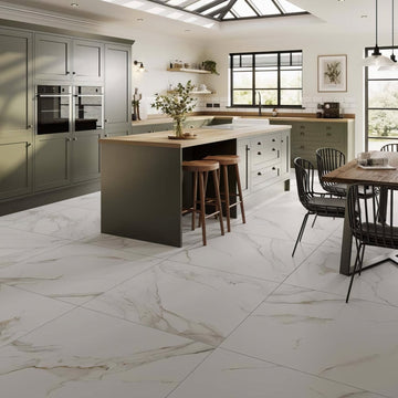 Sanford natural matt porcelain floor tiles with white marble effect and subtle gray veining for elegant interiors