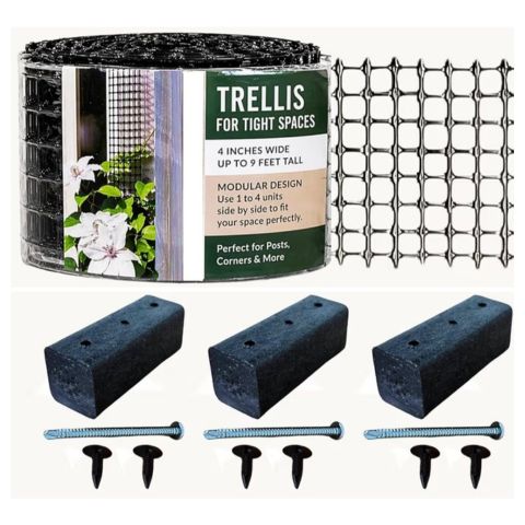 Scroll Trellis Narrow Trellis kit showing mesh roll, cut panel, three offset brackets, and mounting screws for tight spaces
