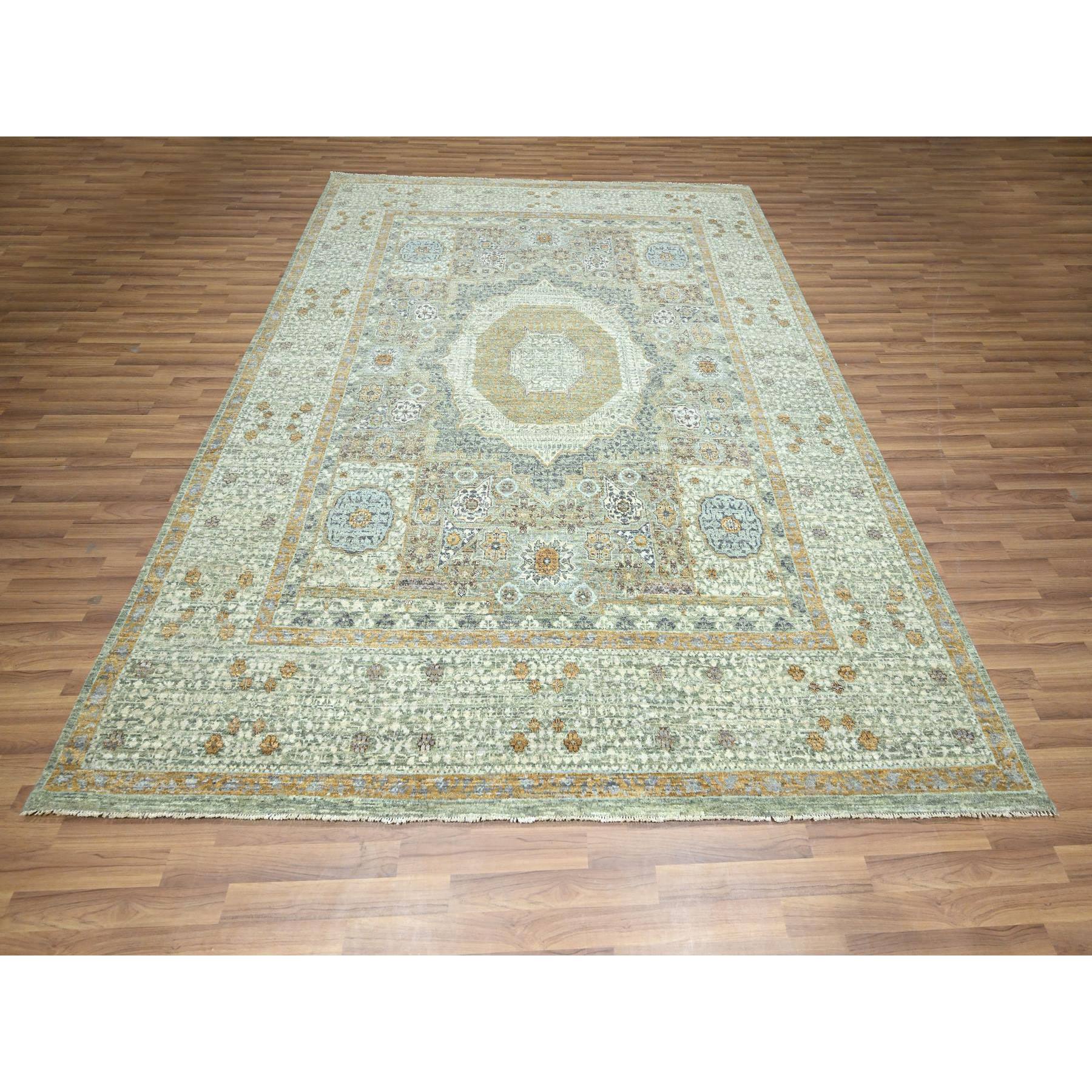 8'2"x10'1" Sage Green, Mamluk Design, Pre Historic 14th Century Influence, Natural Dyes, Hand Knotted, Pure Wool, Oriental Rug FWR458580