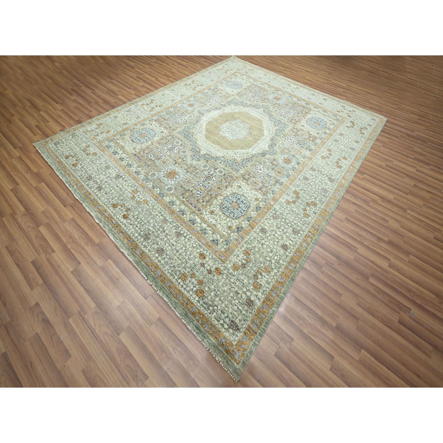 8'2"x10'1" Sage Green, Mamluk Design, Pre Historic 14th Century Influence, Natural Dyes, Hand Knotted, Pure Wool, Oriental Rug FWR458580