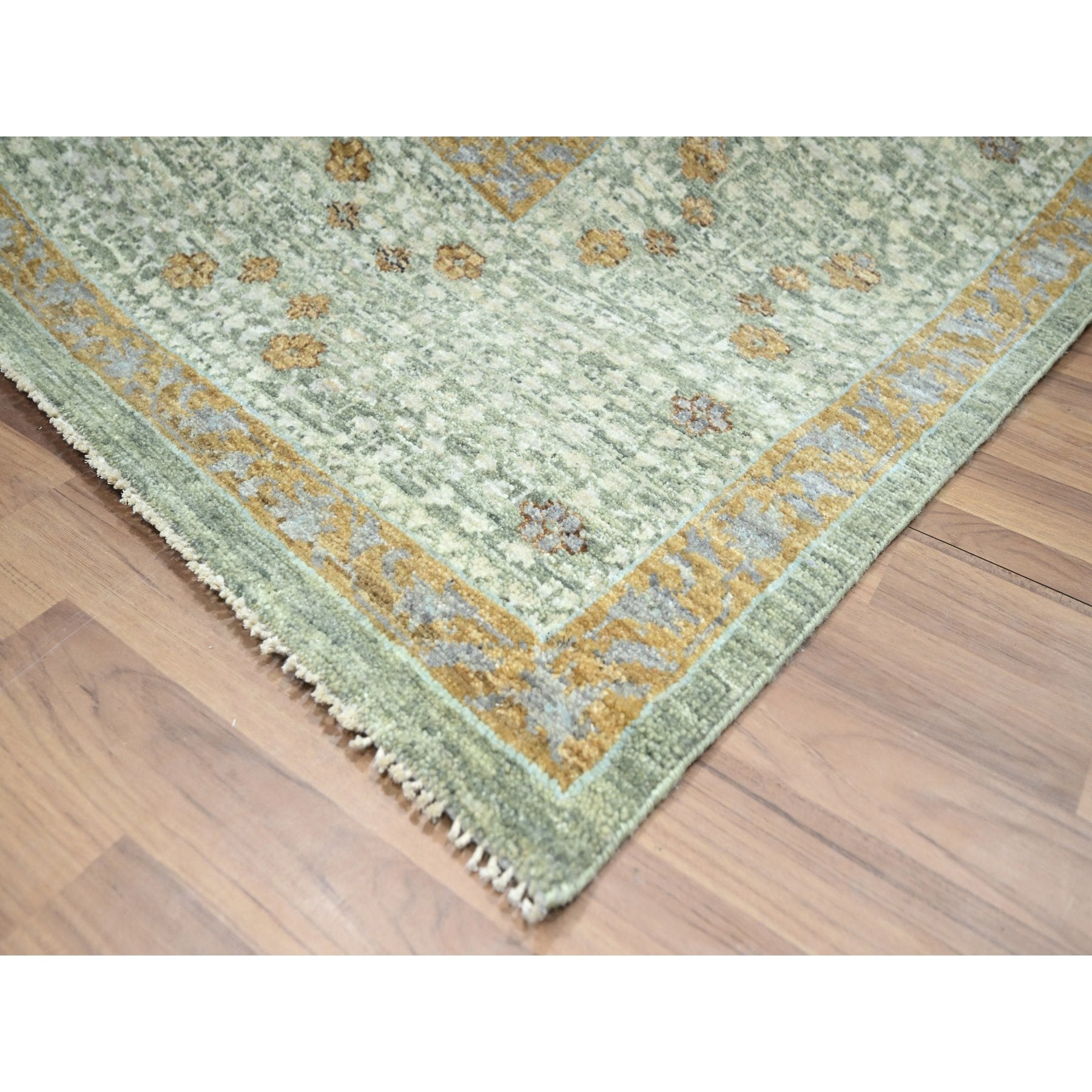 8'2"x10'1" Sage Green, Mamluk Design, Pre Historic 14th Century Influence, Natural Dyes, Hand Knotted, Pure Wool, Oriental Rug FWR458580