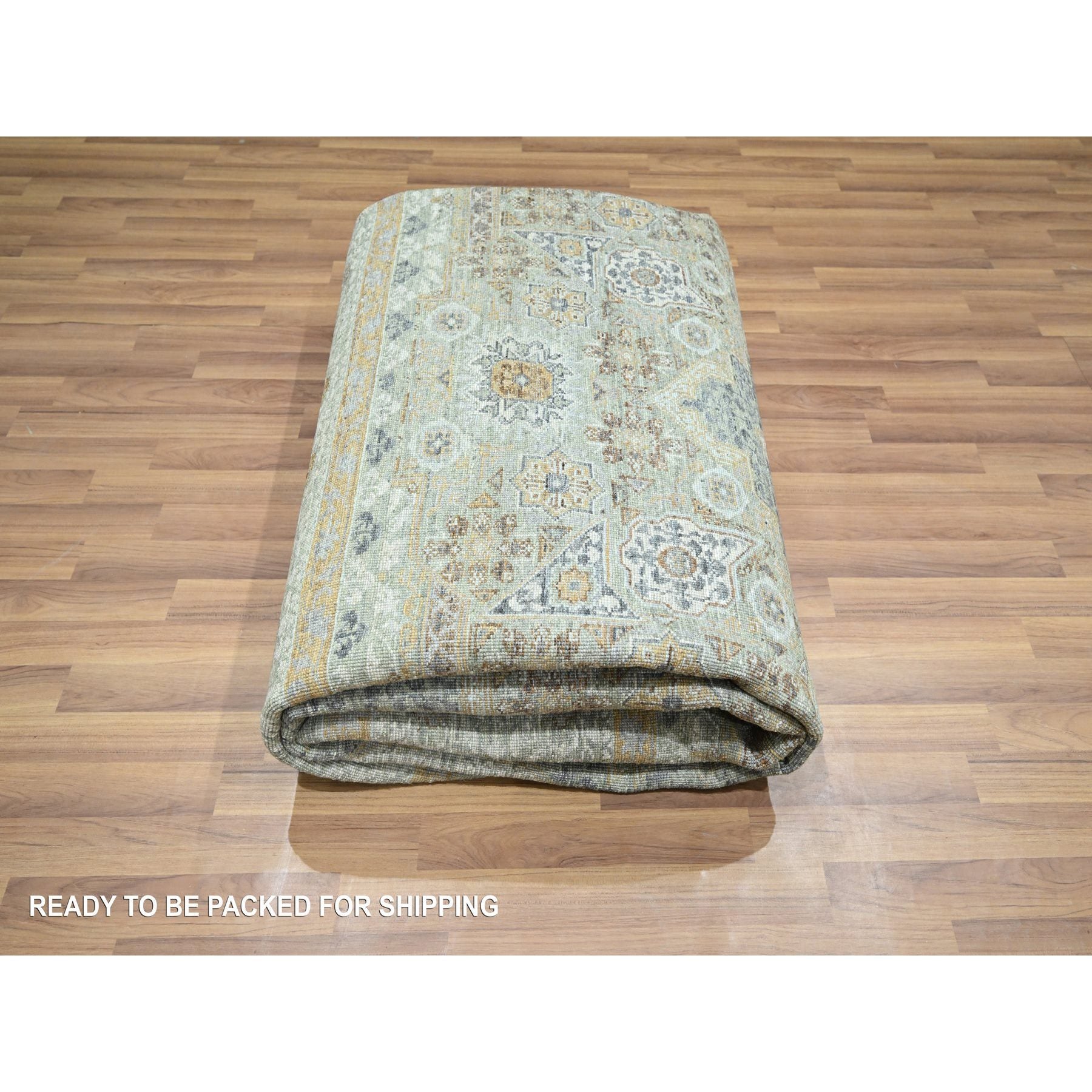 8'2"x10'1" Sage Green, Mamluk Design, Pre Historic 14th Century Influence, Natural Dyes, Hand Knotted, Pure Wool, Oriental Rug FWR458580