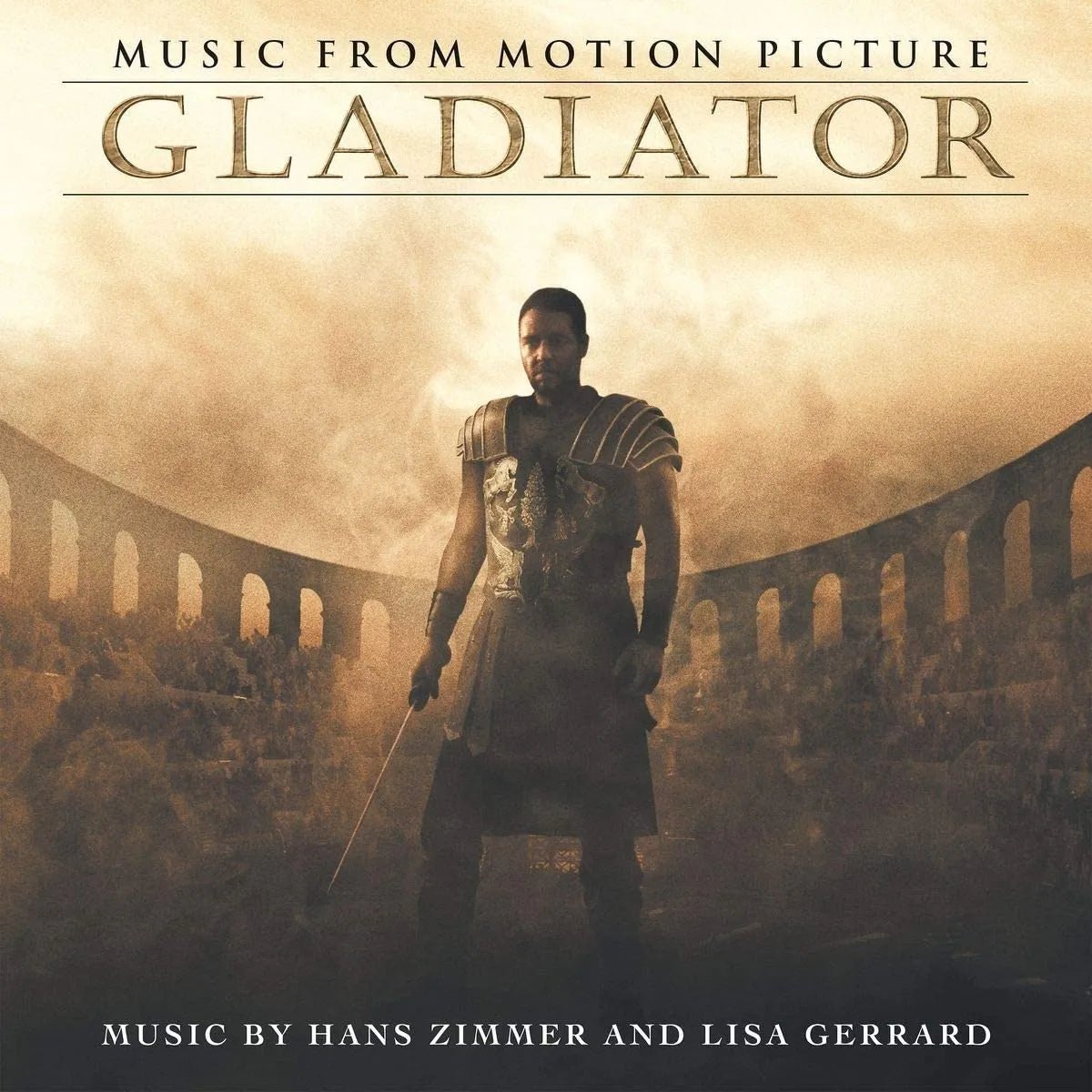 Gladiator soundtrack vinyl cover featuring Maximus artwork and warm cinematic tones