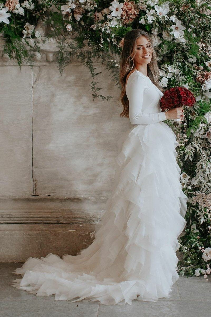 Spandex Long Sleeves Wedding Dresses With Tiered Tulle Skirt