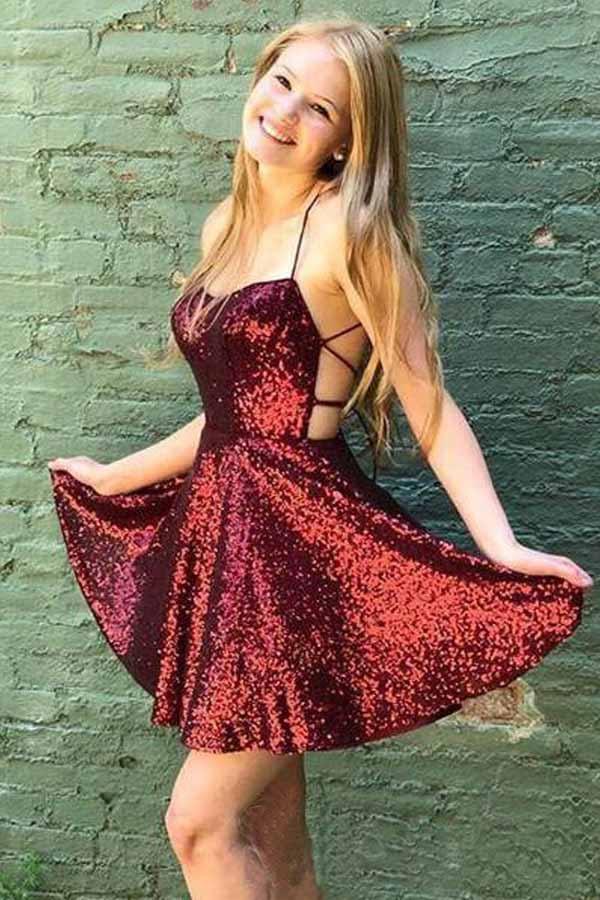 Sparkly Burgundy Homecoming Dresses Backless A-line Mini Party Dress US14 / As Picture