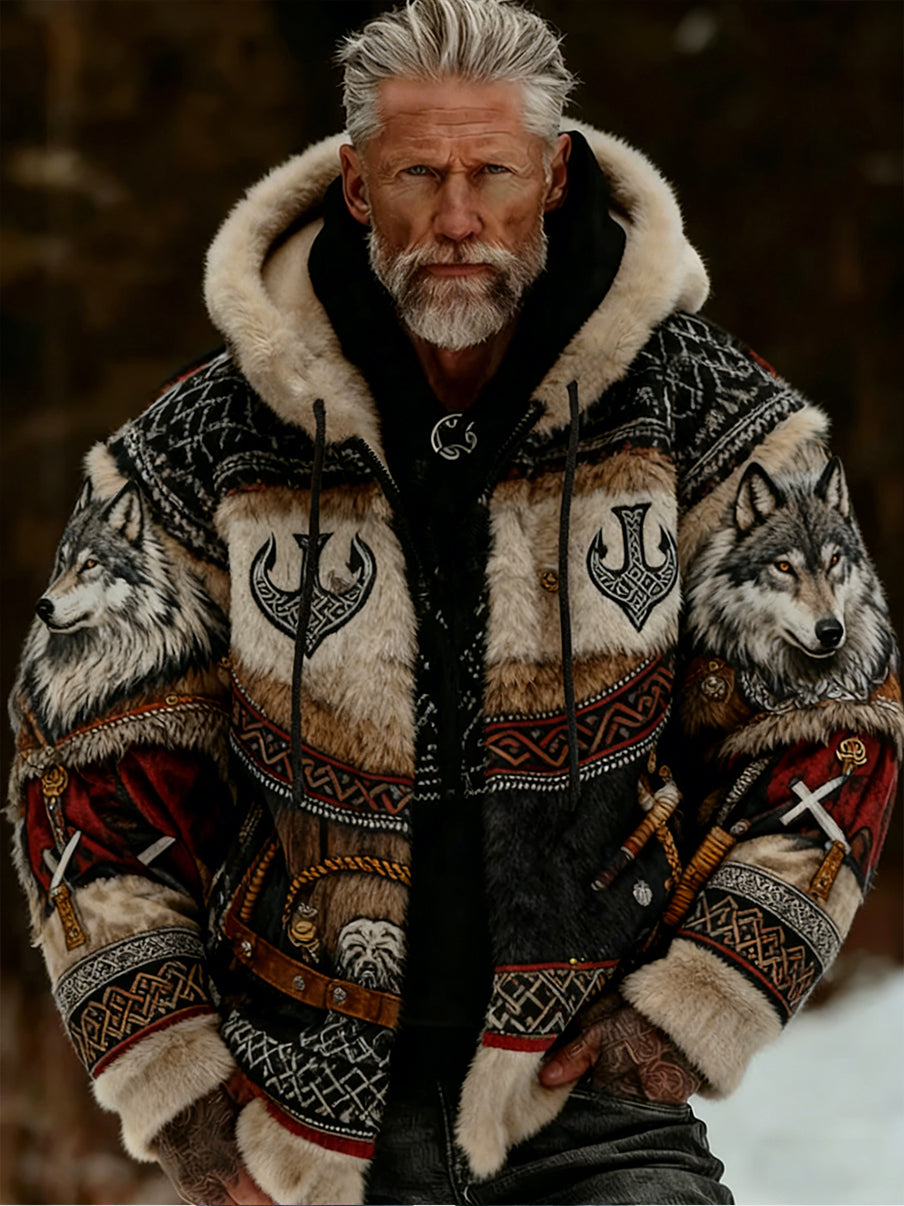 Męskie Retro Viking Wolf Totem Flanelowa ciepła bluza z kapturem w stylu celtyckim