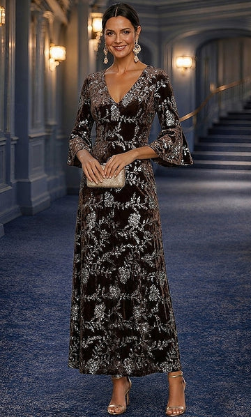 A-Line Dress Ankle Length Mother of the Bride Dress Long Sleeve 3/4 Length Sleeve V Neck Elegant Luxurious Sparkle & Shine Formal Wedding Guest Semi Formal Velvet with Beading Sequin 2026