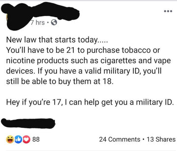 Starting today you must be 21 to purchase tobacco in Virginia. Here's a  local military recruiter trying to get teenagers to join the army so they  can juul... : r/insanepeoplefacebook