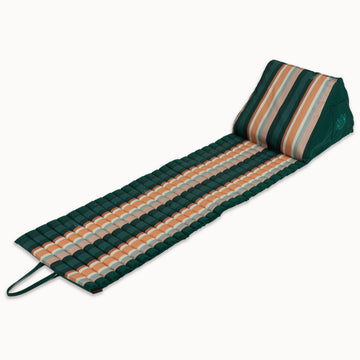 Green & Orange Stripe - Relaxmatras: Compact, oprolbaar met opblaasbare rugleuning