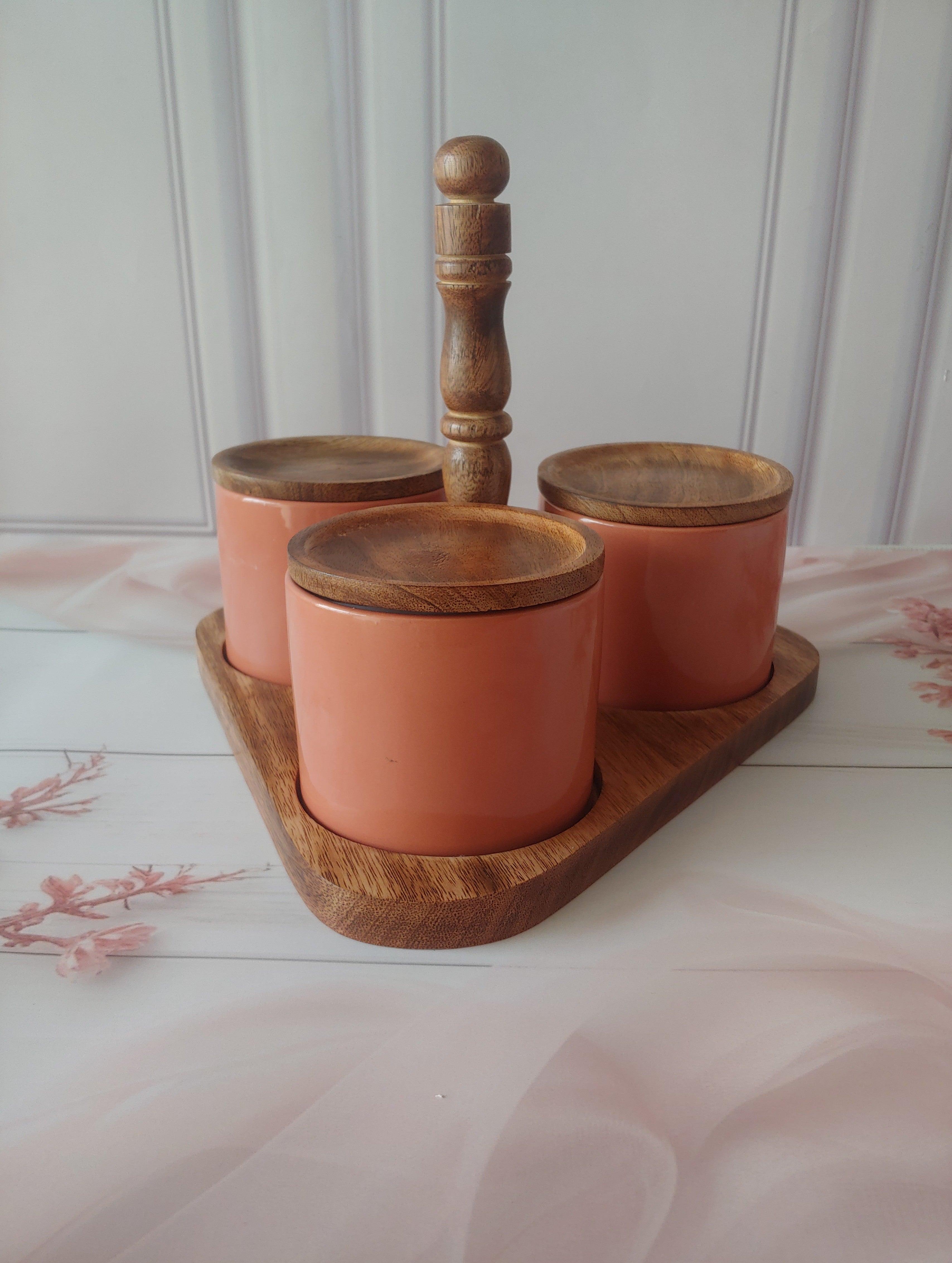 Cutie Pie Handy Stackable Ceramic Spice Jars (300ml) with Wood Base