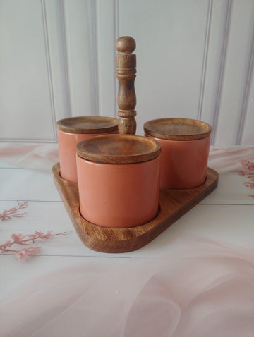 Cutie Pie Handy Stackable Ceramic Spice Jars (300ml) with Wood Base