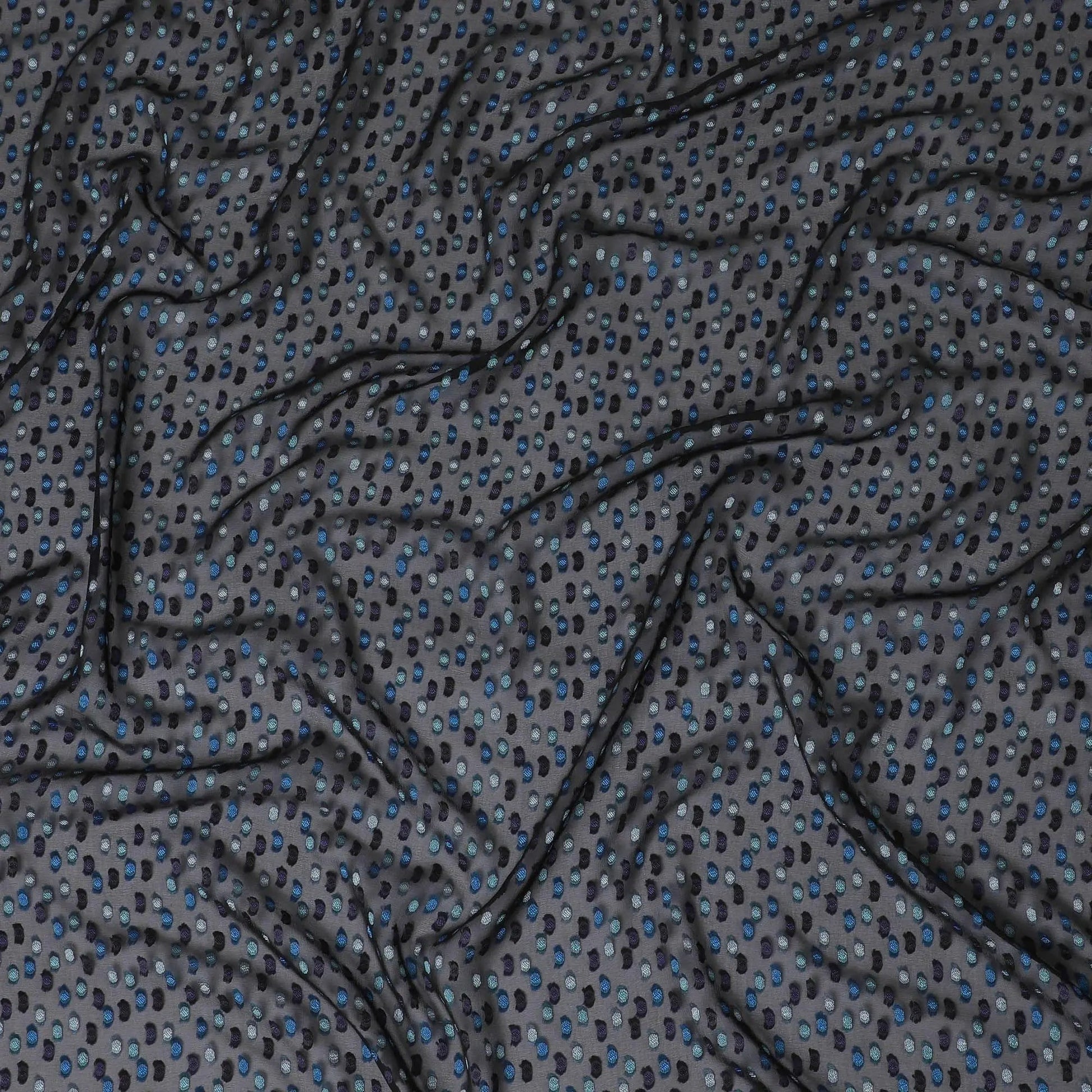 Dark navy blue premium pure French (Fransawi) silk chiffon fabric with teal green, blue and purple viscose in dot design-D14223 Regal Fabrics
