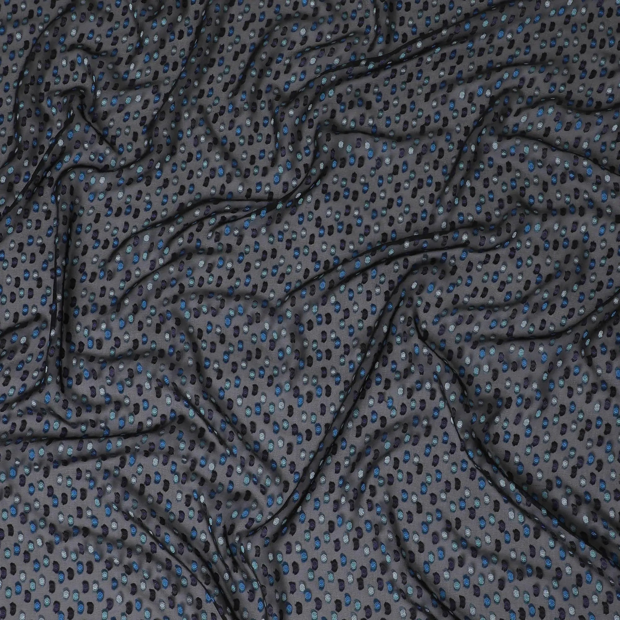 Dark navy blue premium pure French (Fransawi) silk chiffon fabric with teal green, blue and purple viscose in dot design-D14223 Regal Fabrics