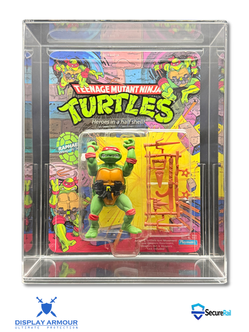 TMNT Raphael mint on card action figure in acrylic display case front view.