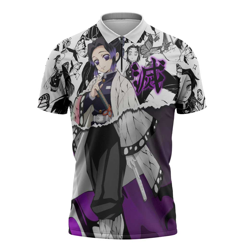Shinobu Kocho Demon Slayer Butterfly Theme Zipper Polo Shirt with Purple Accents and Manga Collage Design - The Mazicc