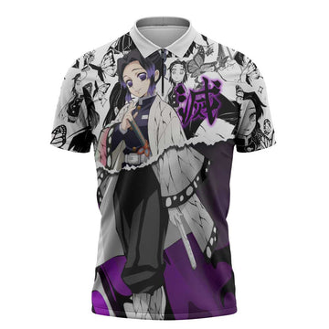 Shinobu Kocho Demon Slayer Butterfly Theme Zipper Polo Shirt with Purple Accents and Manga Collage Design - The Mazicc