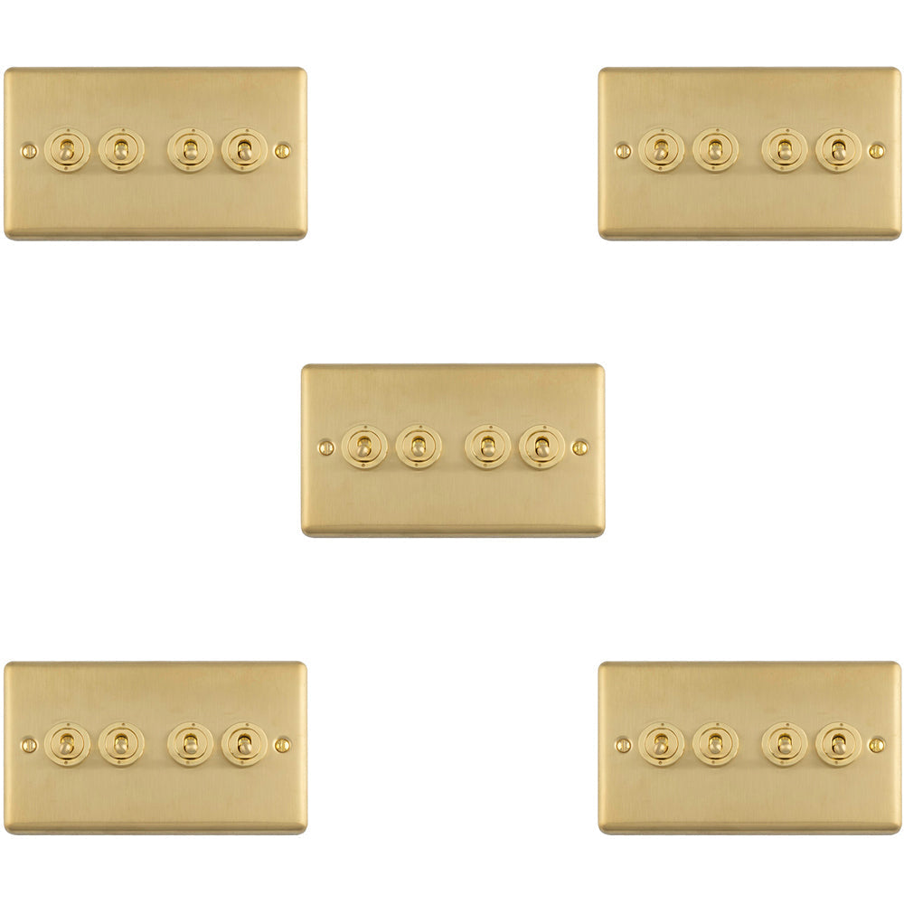 5 PACK 4 Gang Quad Retro Toggle Light Switch SATIN BRASS 10A 2 Way Lever Plate