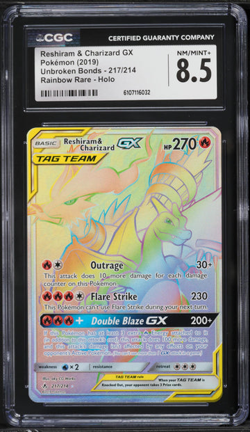 2019 Pokemon Sun & Moon Unbroken Bonds Rainbow Rare Reshiram & Charizard GX #217 CGC 8.5 NM-MT+ on Fanatics Collect