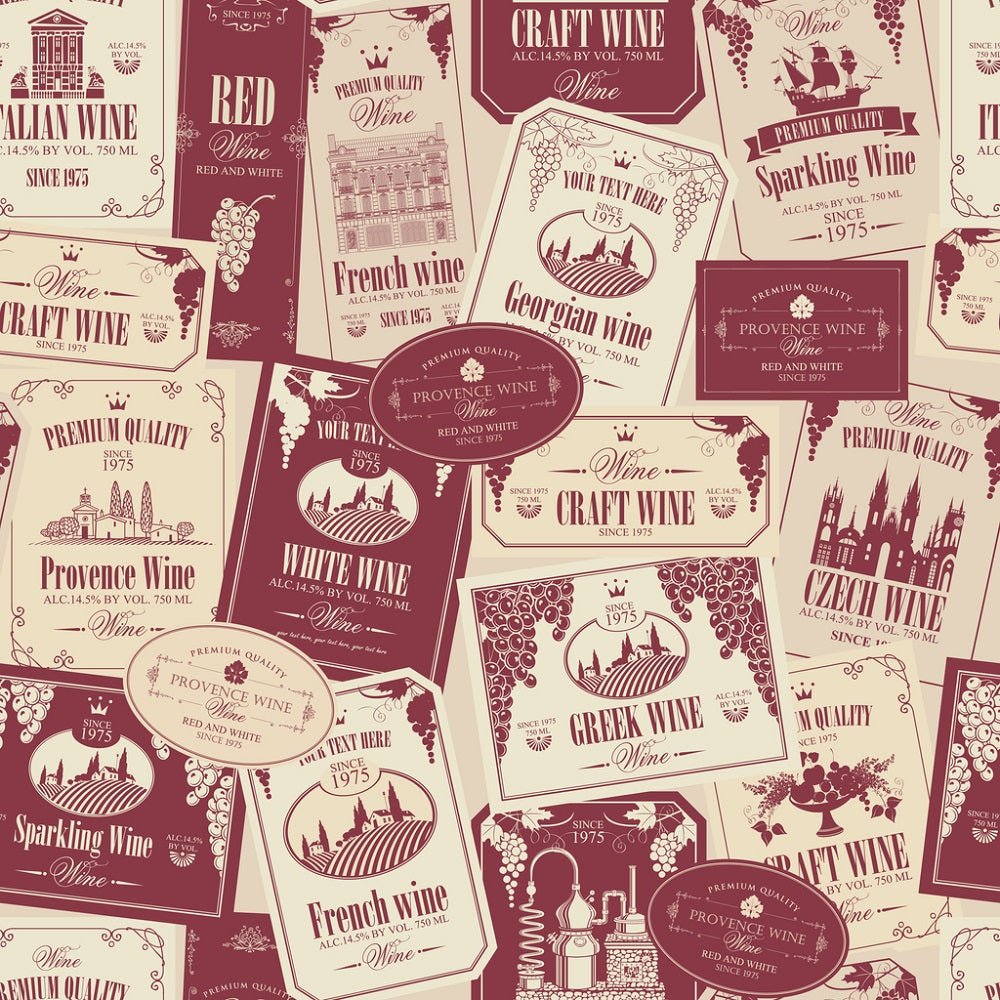 Various Wine Labels Fabric - Tan