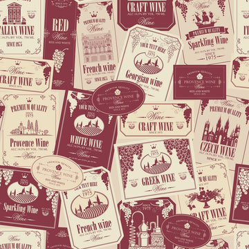 Various Wine Labels Fabric - Tan