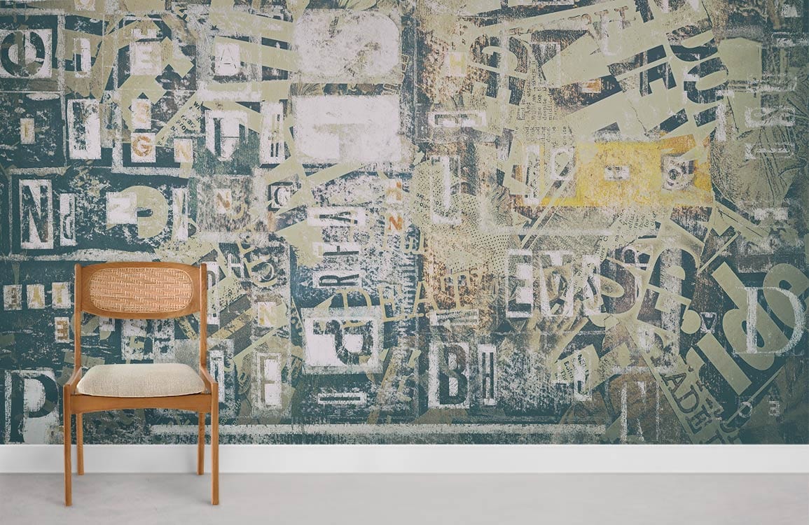 Vintage Typography Collage Mural Wallpaper in Rustic Green Tones, wooden chair, minimalistic room decor.