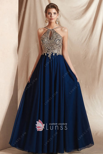 Vintage Halter Sparkly Gold Lace Dark Blue Prom Dress