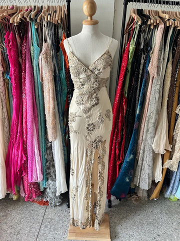 Vintage Ivory Mermaid Strappy V-Neck Lace Slit Satin Long Formal Prom Dresses