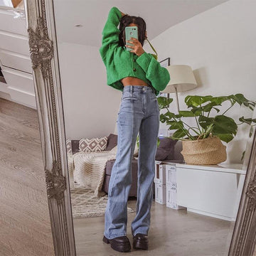 Vintage Streetwear Women's Star Pattern Blue High Waist Denim Flare Jeans Pants  -  GeraldBlack.com