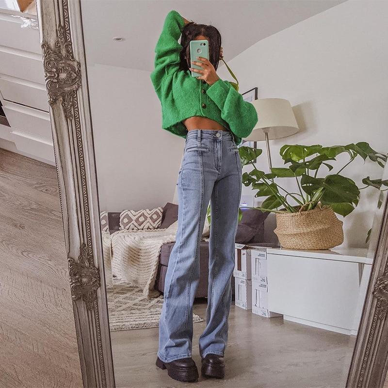 Vintage Streetwear Women's Star Pattern Blue High Waist Denim Flare Jeans Pants  -  GeraldBlack.com