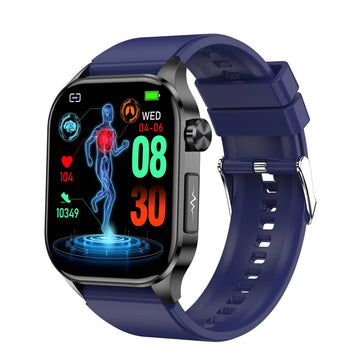 Blaue Smartwatch mit Fitness-Tracking, Herzfrequenzanzeige, Schrittzähler, rechte Seitenansicht.