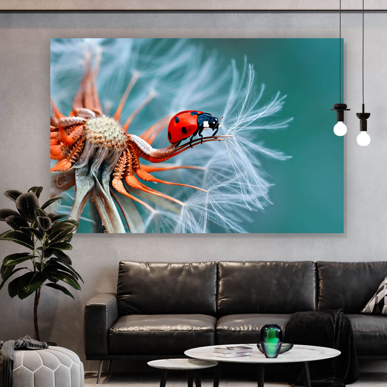 Leinwandbild Marienkäfer auf Pusteblume Querformat