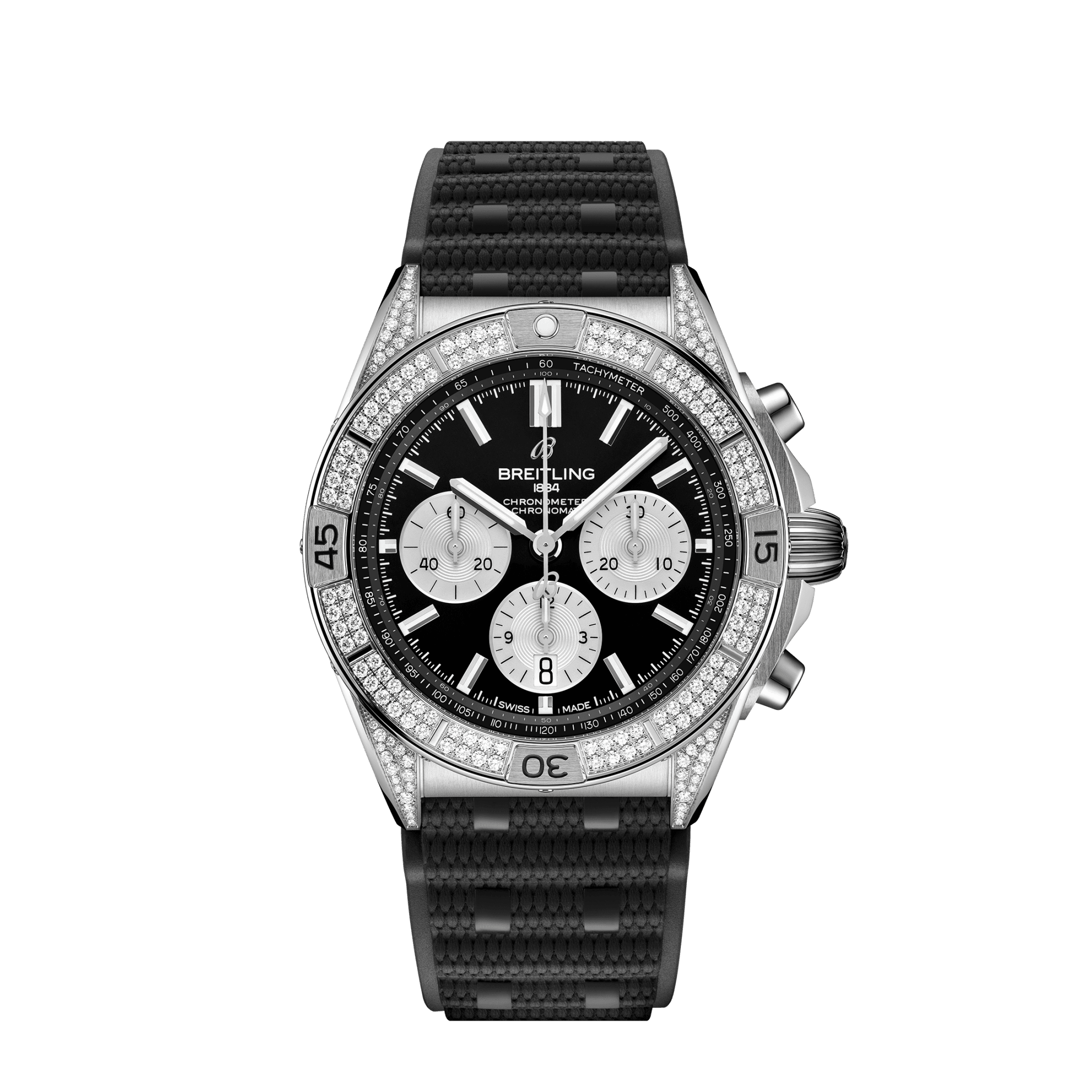 Breitling Chronomat B01 42 mm Black Dial with Diamonds Stainless Steel (Gem-Set) Black Rubber Strap AB0134721B1S2 - WATCHXNYC