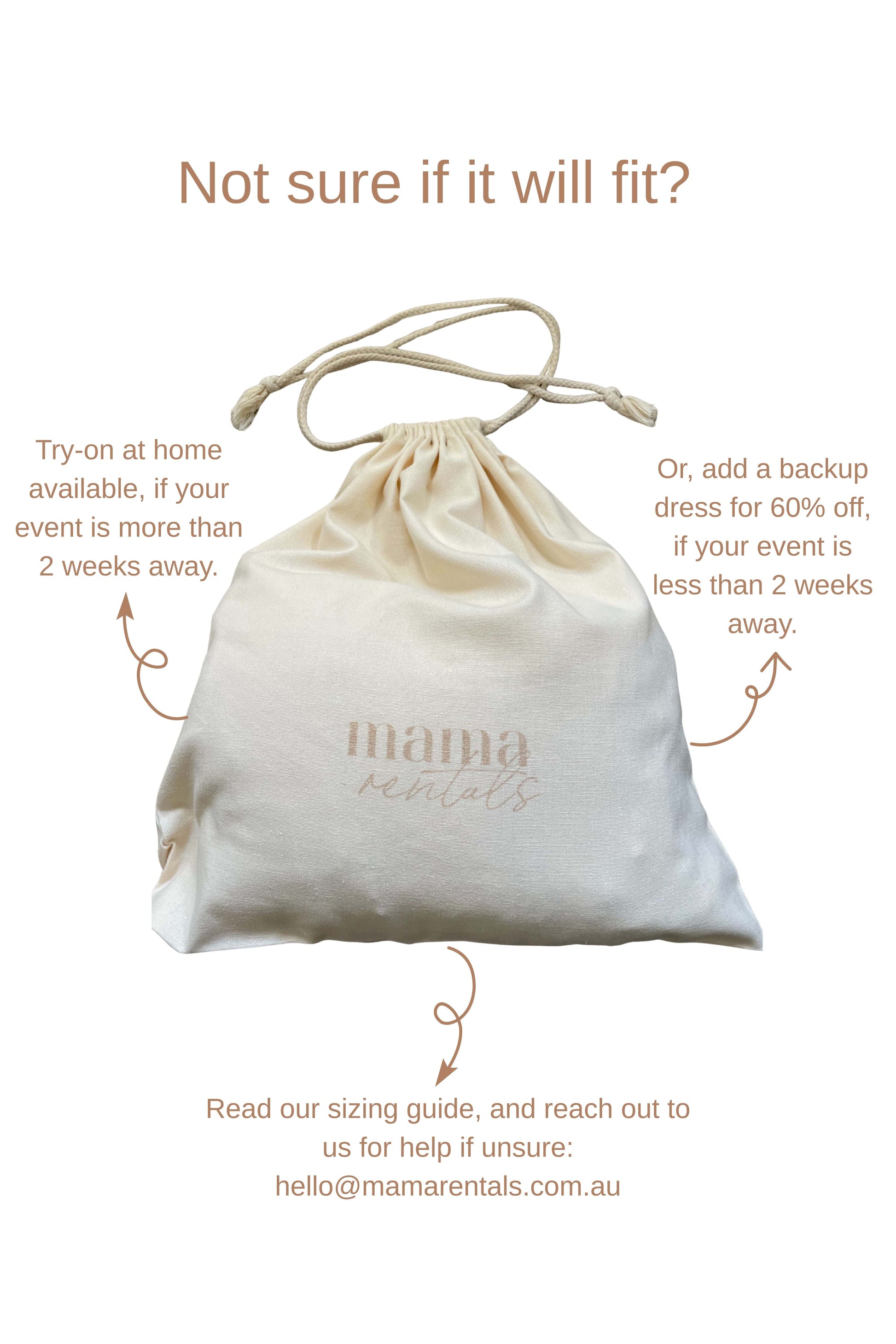 Infographic showing three ways to ensure your dress fits: try on before hiring, add a backup dress, or read the sizing guide and contact us for assistance."