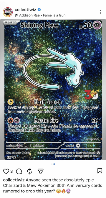 What'a the deal with this "rumored" Mew card posted around social media?...Any thoughts on potential value and what sealed 30th Anniversary product a card like this would be included in? 🔥