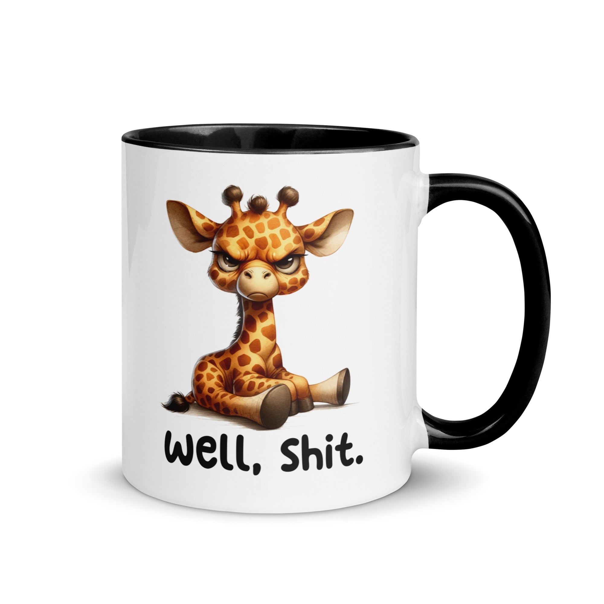 A ceramic coffee mug with a cartoon giraffe design and the phrase 'well, shit.' printed on the side.