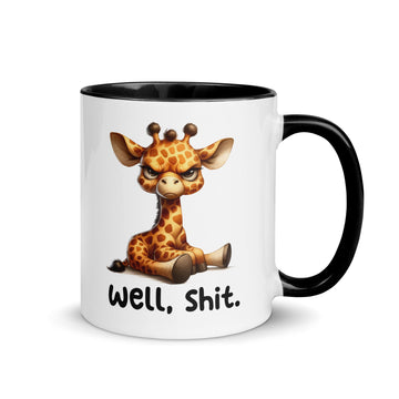 A ceramic coffee mug with a cartoon giraffe design and the phrase 'well, shit.' printed on the side.