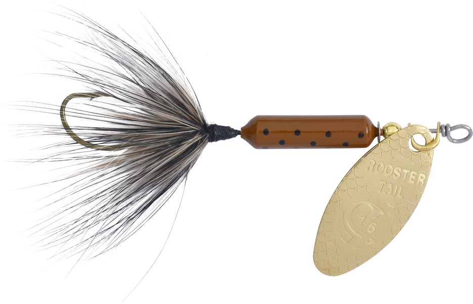 Fishing lure with a gold blade and black and gray feathers on a white background