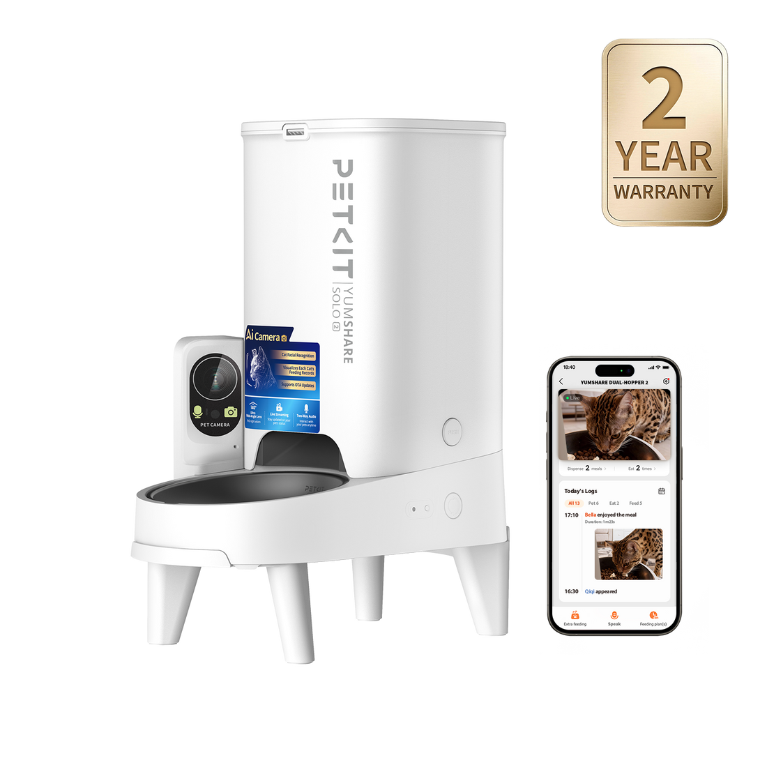 PETKIT YumShare Solo 2 automatic cat feeder, automatic dispenser, app control interface showing remote feeding management