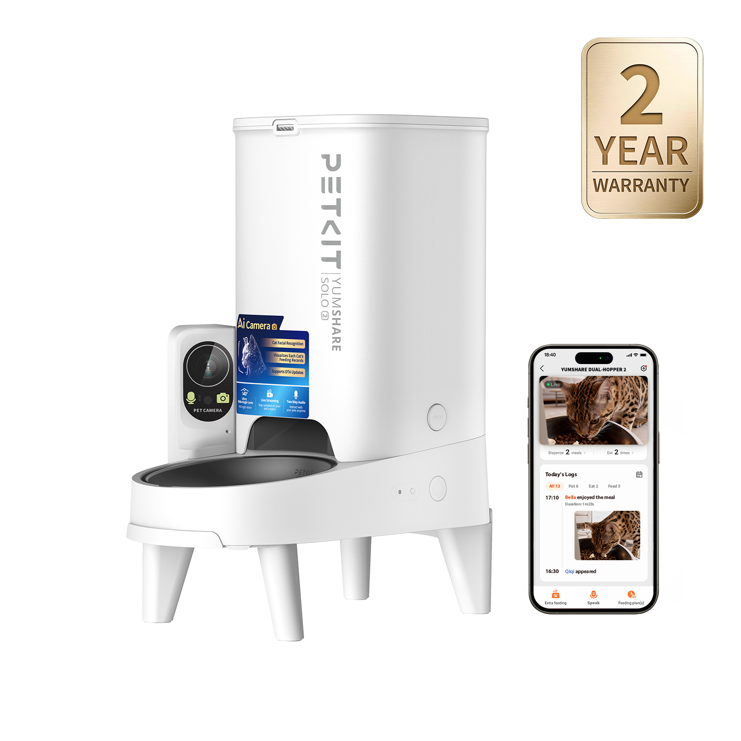 PETKIT YumShare Solo 2 automatic cat feeder, automatic dispenser, app control interface showing remote feeding management