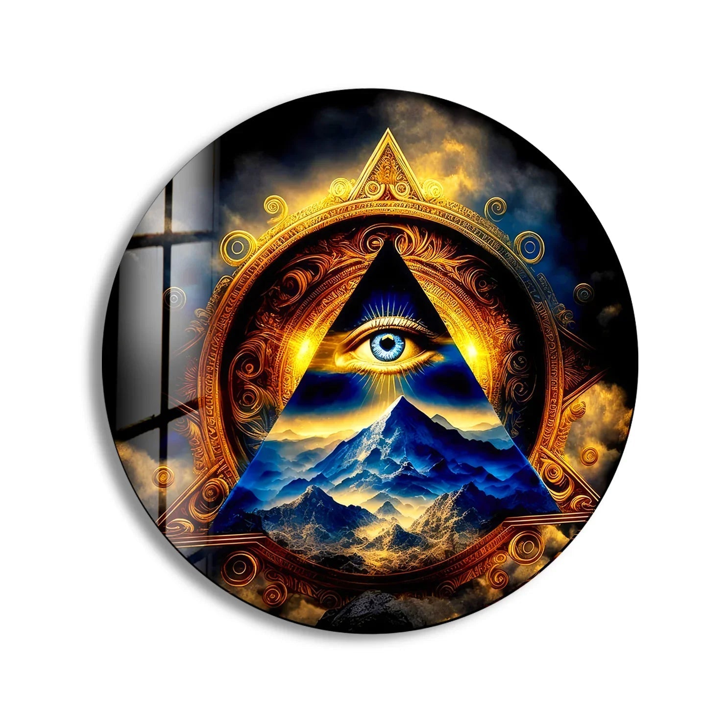 Layered depth in this round glass wall artwork showcases a mystical eye and golden pyramid, presenting dimensional layers of mountain scenery in a striking design.