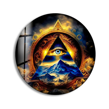 Layered depth in this round glass wall artwork showcases a mystical eye and golden pyramid, presenting dimensional layers of mountain scenery in a striking design.