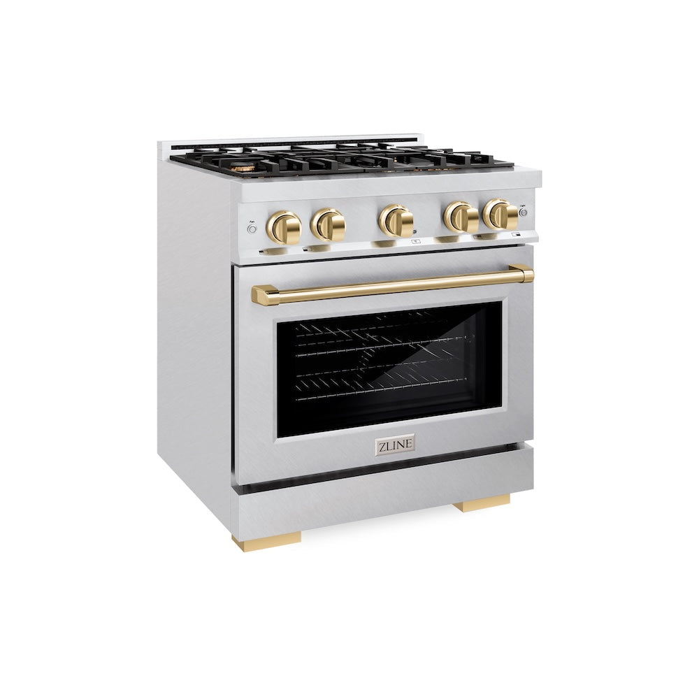 ZLINE Autograph Edition 30 in. 4.2 cu. ft. Select Dual Fuel Range with 4 Burner Gas Cooktop and Electric Convection Oven in Satin Stainless Steel with Polished Gold Accents, Open Box-Great Condition